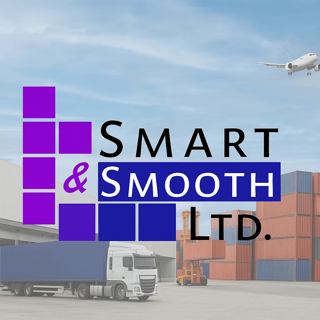 Smart & Smooth Ltd. logo over a logistics background with a white truck, shipping containers, warehouse, and a cargo plane in the sky – symbolizing international trade and transportation services.